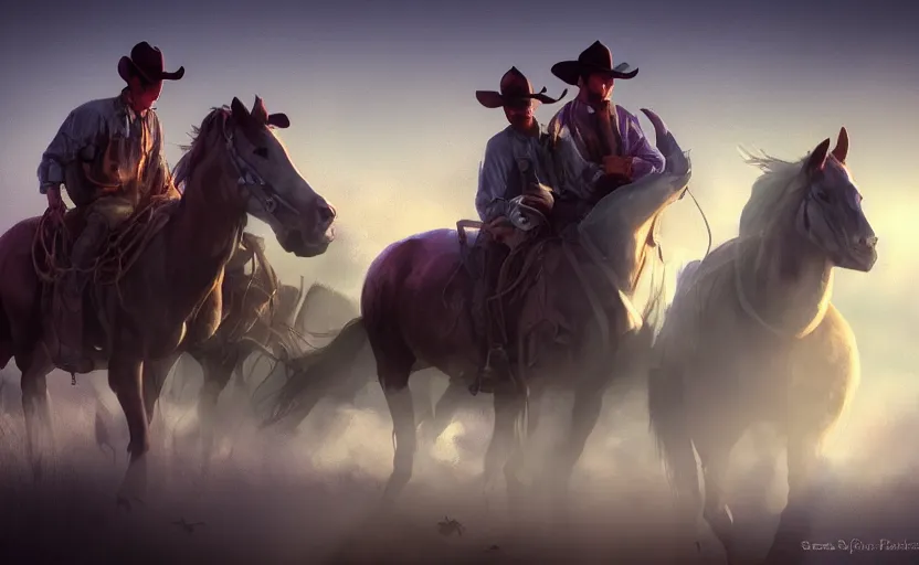 Prompt: cowboy dream, two suns, gloomy, fog, elaborate, detailed digital art, trending in artstation, purple color lighting