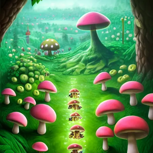 Prompt: mushroom kingdom from mario, digital art, giant green and white spotted mushrooms, at night, exotic flowers and plants, sprites, irina french, heraldo ortega, mandy jurgens trending on artstation 8 k 1 5 0 mpx