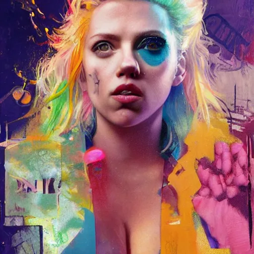 Image similar to drunken scarlett johansson as delirium from sandman, ( hallucinating colorful soap bubbles ), by jeremy mann, by sandra chevrier, by dave mckean and richard avedon and maciej kuciara, punk rock, tank girl, high detailed, one green eye and one blue eye, 8 k