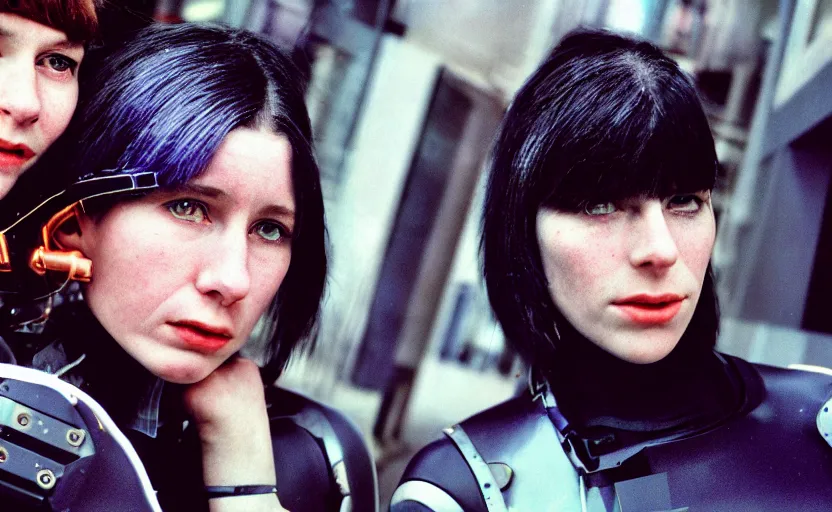 Image similar to cinestill 5 0 d photographic portrait by helen levitt of two loving female cyborgs wearing black techwear in a retrofuturist liminal office, extreme closeup, modern cyberpunk, garden terraces, 8 k, hd, high resolution, 3 5 mm, f / 3 2, ultra realistic faces, intricate detail, ex machina