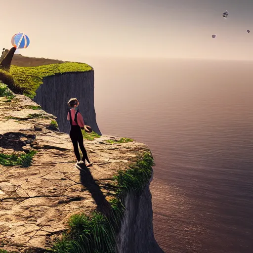 Image similar to woman staring out over the cliffs of dover, beautiful sunshiney day, active wear, hot air balloon, incredible detail, vray rendering, high octane, trending on artstation, high level detail, concept art, cinematic masterpiece, fineline artistry