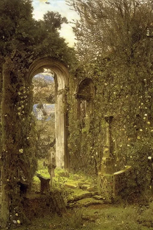 Image similar to abandoned cathedral w/ path that leads to cemetery, dark, overgrown, weeds and wildflowers on the graves, an old twisted tree, a tall stone wall, lawrence alma-tadema