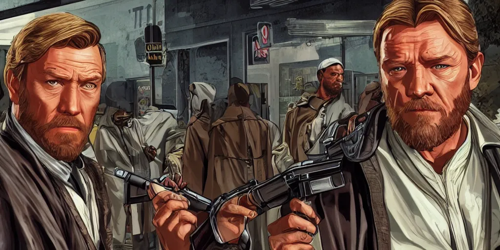 Prompt: Obi Wan Kenobi as a 90s gangster in GTA V, Cover Art by Stephen Bliss, Boxart, Loading Screen. 8k Resolution