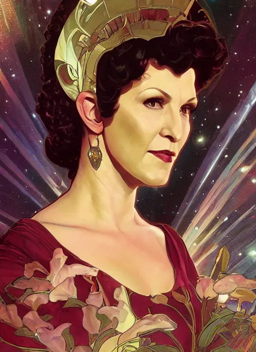 Image similar to a painting of majel barrett as lwaxana troi, space empress. beautiful art by artgerm and greg rutkowski and alphonse mucha