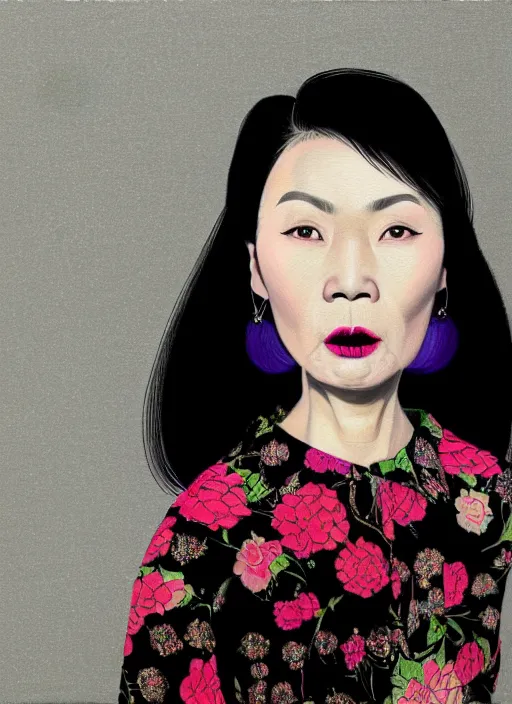 Prompt: portrait of a middle - aged asian woman with a crooked nose and a confident expression, 1 9 6 0 s, black clothes, goth, punk, brightly coloured hair, funk, intricate, elegant, highly detailed, digital painting, artstation, concept art, smooth, sharp focus, illustration, art by wlop, mars ravelo and greg rutkowski