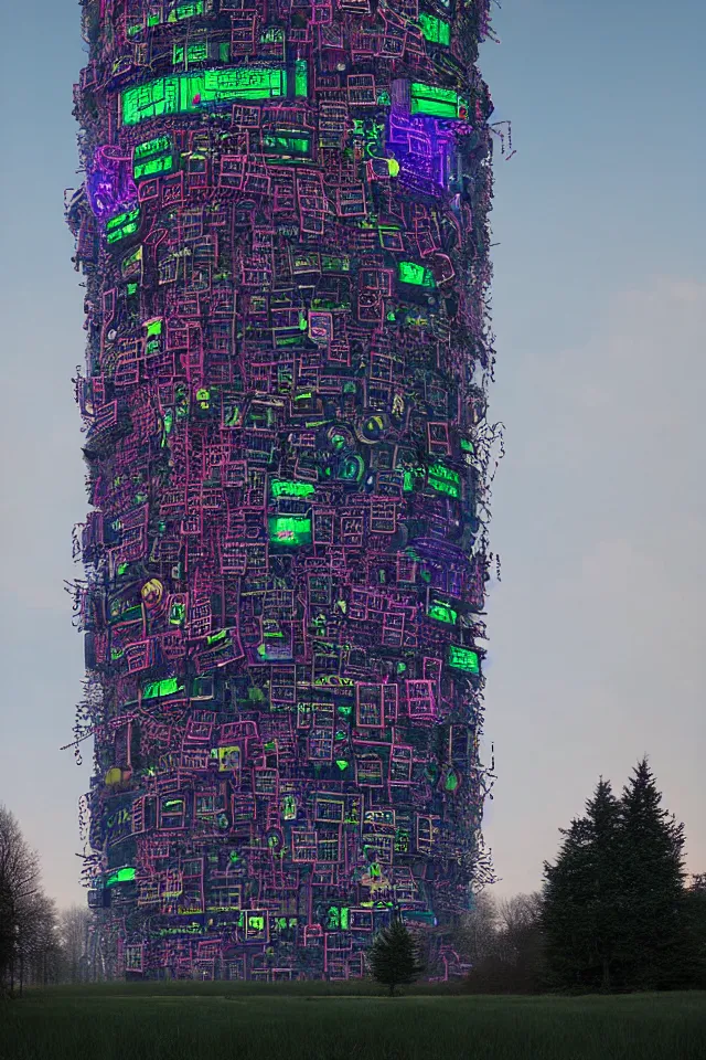 Image similar to cyberpunk tower made out of billions of stacked computer screens by simon stalenhag