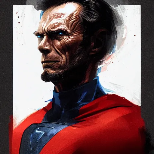 Prompt: portrait of superhero by greg rutkowski, clint eastwood wearing a black, red and blue kevlar gear, highly detailed portrait, digital painting, artstation, concept art, smooth, sharp foccus ilustration, artstation hq