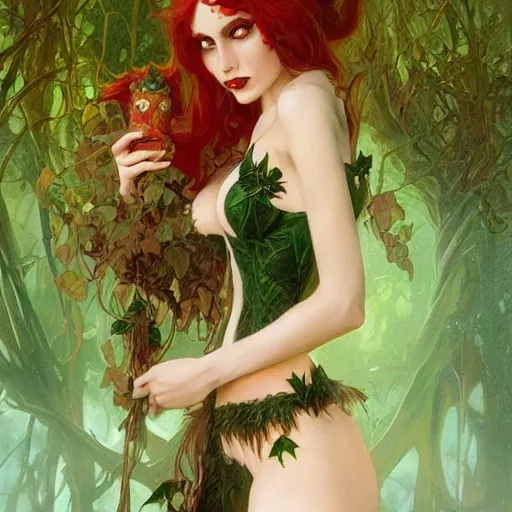 Prompt: a beautiful and detailed matte painting of poison ivy dressed as a seductive vampire cat girl, fantasy, d & d, dark eyeliner, intricate, elegant, highly detailed, digital painting, artstation, concept art, matte, sharp focus, illustration, art by greg rutkowski and alphonse mucha