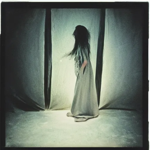 Prompt: polaroid by andrei tarkovsky and stephen gammell, surreal vogue photo shoot inside ruined theater, rim light, shot at night with studio lights, liminal space, photorealistic, high definition, technicolor, award - winning photography, masterpiece, amazing colors,