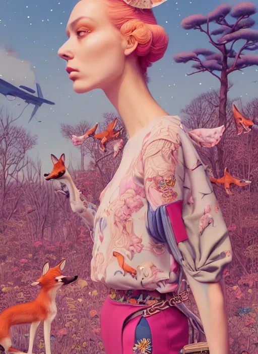 Image similar to pretty model with foxes : : by martine johanna and simon stalenhag and chie yoshii and casey weldon and wlop : : ornate, dynamic, particulate, rich colors, intricate, elegant, highly detailed, vogue, harper's bazaar art, fashion magazine, smooth, sharp focus, 8 k, octane render,