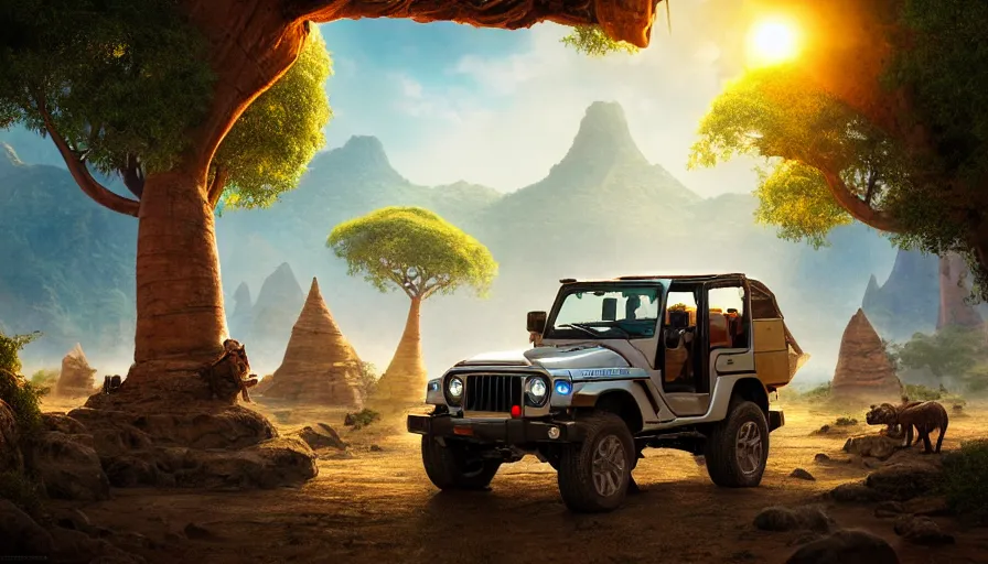 Image similar to mahindra thar driving through madagascar with baobabs trees, animals chasing, action scene, an epic fantasy, artgerm and greg rutkowski and alphonse mucha, an epic fantasy, volumetric light, detailed, establishing shot, an epic fantasy, cinematic, photorealistic, ultrarealistic, trending on art station, octane render, midsommar