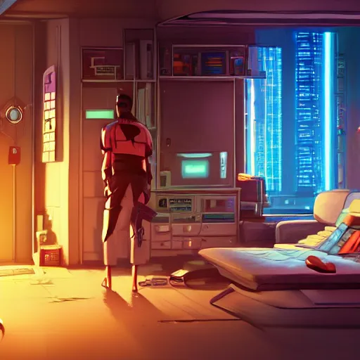 Image similar to the cyberpunk apartment, render, octane, 4k, highly detailed, vivid colors, high definition, by James Gilleard and Makoto Shinkai