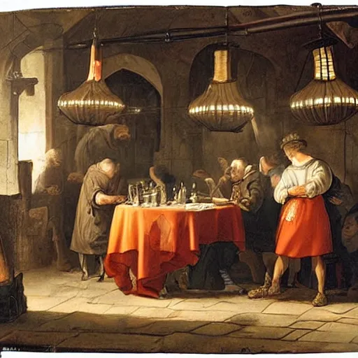 Image similar to 2 1 savage and 5 0 cent and drake huddled around a table with a lantern in a dark pub like in the denial of st. peter by gerard seghers