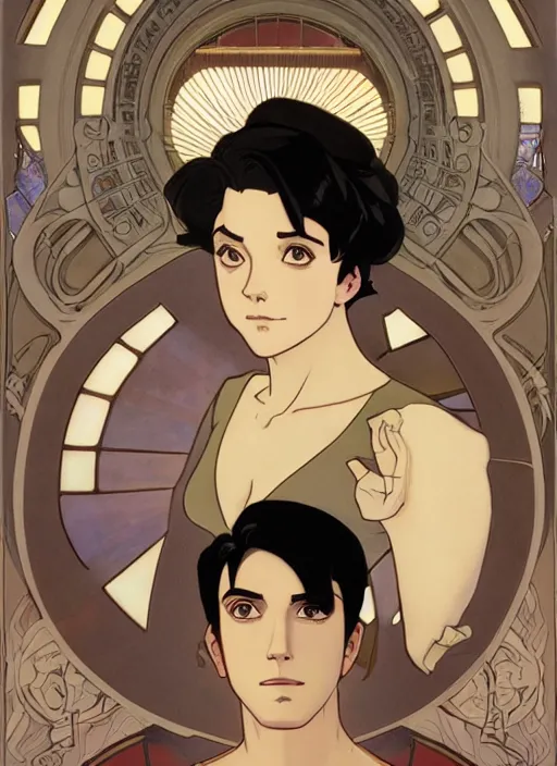 Image similar to well - lit art nouveau portrait of a young man with short black hair, natural lighting, path traced, highly detailed, high quality, cartoon, digital painting, by don bluth and ross tran and studio ghibli and alphonse mucha