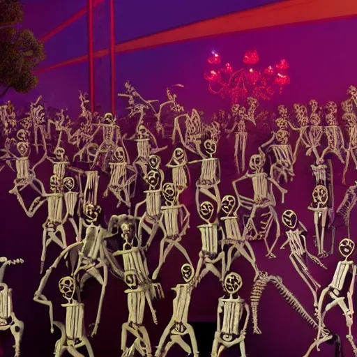 Image similar to photo, a giant crowd of realistic anatomically correct claymation skeletons dancing sensually with a giant crowd of beautiful multiethnic women wearing rococo gowns inside a colorful futuristic night club, colorful dramatic unique lighting