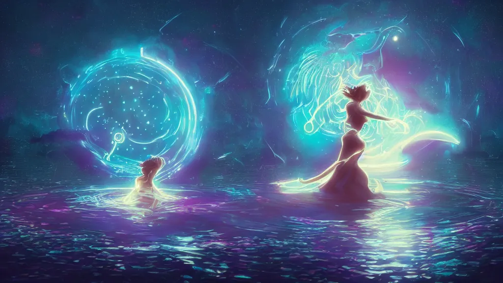 Image similar to a beautiful whimsical goddess floating above a lake basking in the moonlight, firebending, underneath a multi-colored binary blackhole with an accretion disc, glowing trails following her arms, synthwave, by Lois van Baarle, by Greg Rutkowski, by artgerm, by beeple, by studio ghibli, cinematic angle, volumetric lighting, 4k resolution, octane render, trending on artstation, masterpiece