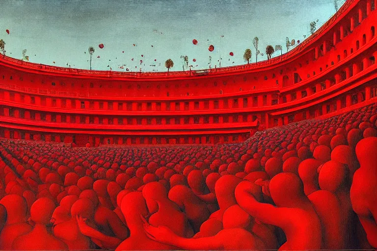 Image similar to only with red, a red great emperor, taormina amphitheatre, crowd with big smile, in the style of beksinski, parts by edward hopper, parts by rodcenko, parts by yue minjun, intricate and epic composition, red by caravaggio, insanely quality, highly detailed, masterpiece, red light, artstation, 4 k