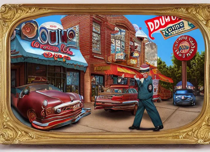 Prompt: the donut cop, lowbrow, matte painting, 3 - d highly detailed, in the style of mark ryden,