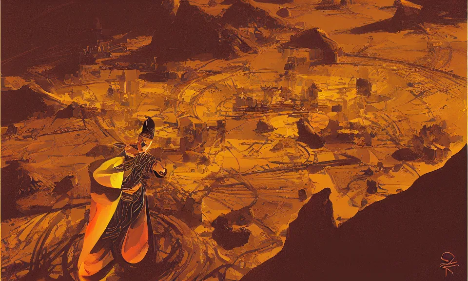 Prompt: digital art, birds eye view, berber witch over the desert at night, by syd mead, syd mead color scheme, sci - fi, arik roper, kirby krackle, concept art
