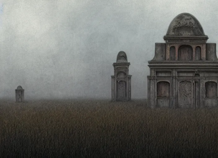 Image similar to matte painting of overgrown mausoleum in a forgotten wasteland, Zdzislaw Beksinski, Lewis Jones, mattias adolfsson, cold hue's, warm tone gradient background