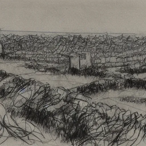 Image similar to milt kahl sketch of world war 1 trenches with the city of miami in the background