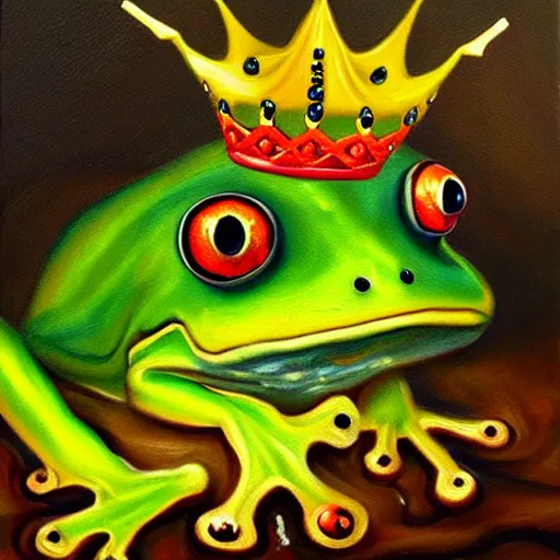 Image similar to beautiful oil painting painting of a frog wearing a crown in swamp