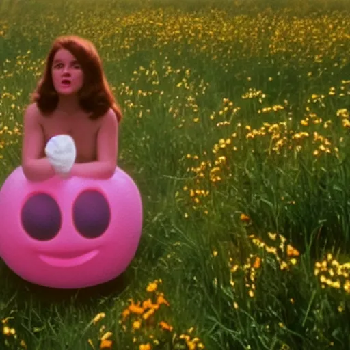 Image similar to an ample woman dressed as a squishy inflatable toy, smiley face, in a meadow, moody film still, terrence malick, 1973 technicolor