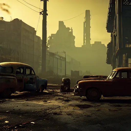 Image similar to fallout 4 : miami, ruined city environment, rusted vintage cars and trucks mysterious atmospheric lighting, matte painting, intricate, iridescent, volumetric lighting, beautiful, rich deep colours masterpiece, fog golden hour, golden ratio, sharp focus, ultra detailed, by leesha hannigan, ross tran, thierry doizon, kai carpenter, ignacio fernandez rios