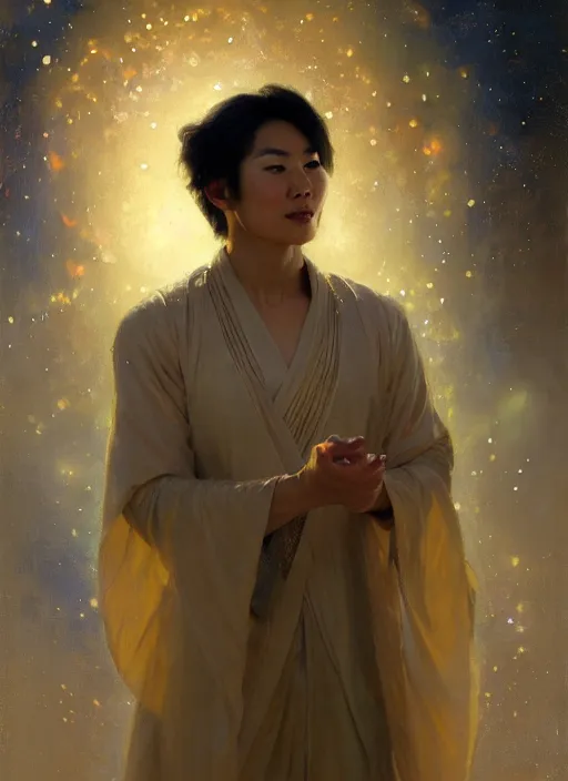 Image similar to young asian man, god of starlight, short flowing hair, modest flowing gown, smug expression, highly detailed painting by gaston bussiere, craig mullins, j. c. leyendecker 8 k, sparkling nebula