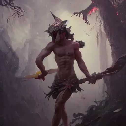 Image similar to scary godlike fairy killing a frog , muscular , upper body , epic , traditional makeup , gorgeous features , Post-processing , low angle , Greg rutkowski legendary matte painting , masterpiece