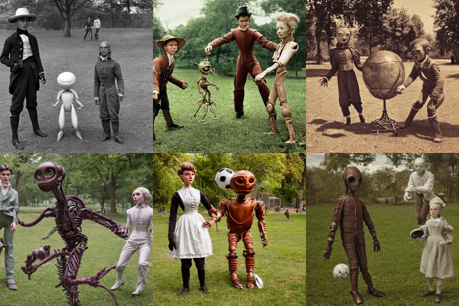 Prompt: detailed, sharp, a boy and a girl, playing soccer with their pet humanoid alien, wearing 1850s era clothes, in a park on an alien planet, extremely highly detailed, hyperrealistic, highly detailed faces, 70 mm film still from a period sci fi movie, 4k