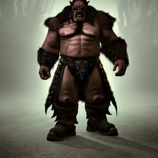 Prompt: A full body shot of a handsome orc looking into the camera wearing a leather fur jacket and boots, full body shot, artstation, realistic, highly detailed, symmetrical, hyper realism, warcraft, dynamic pose, high detail, octane render, unreal engine, 8k, fantasy art, highly detailed, concept art