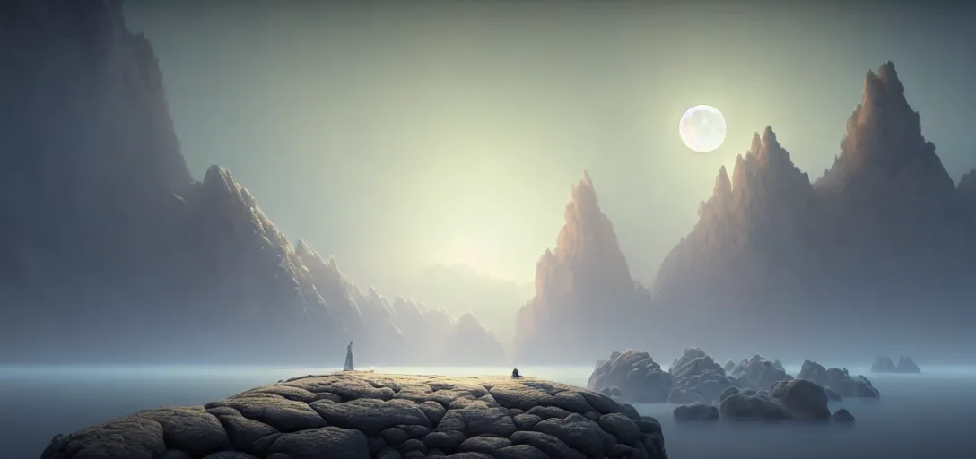 Image similar to octane render uhd, filmic lighting, cinematic art shot, hyperrealistic, hyperdetailed, super detailed, 8 k, high resolution, sandy white moon landscape, white rocks made of bone, 8 k uhd matte painting by ross tran and ivan aivazovsky, mega high white mountain, midnight