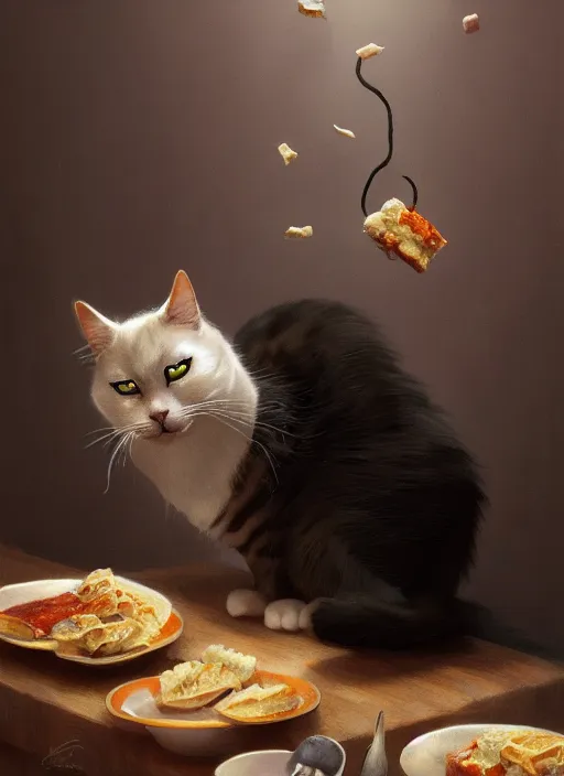 Image similar to a whimsical portrait of a cat stealing food ; by greg rutkowski, sung choi, mitchell mohrhauser, maciej kuciara, johnson ting, maxim verehin, peter konig, final fantasy, marco lense, hd, high detail, atmospheric, trending on artstation