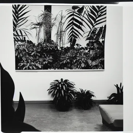 Image similar to A black and white photography printed in offset lithography of an exhibition space with works of Sun Ra, Marcel Duchamp and tropical plants, 60s, Modern Art