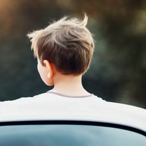 Prompt: a cinematic shot of a boy from behind his back looking out of his car window and his hair flowing due to the wind