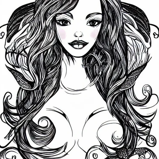 Prompt: black and white illustration, creative design, smooth lines, mermaid