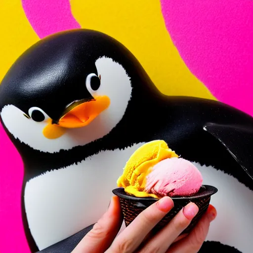 Prompt: wonderful cute penguin eating ice cream, portrait, sharp focus, colourful nature background, vivid colours, highly detailed, 4 k