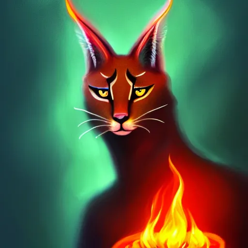 Prompt: ( a cute caracal with a hood that covers half his face carries an incense burner that emits a pleasantly colored flame. ) by anato finnstark, dream, full body portrait, dynamic lighting, beautiful, trending on artstation, wallpaper, 4 k, award winning, digital art, very detailed faces