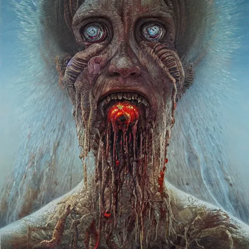 Image similar to the divine wrath of god, body horror, biopunk, oil on canvas, creative design, by zdzisław beksinski, marco mazzoni, peter gric