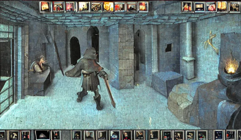 Prompt: Combat in a dungeon crawler with UI, 2DCG, 3D environment!!!!!!, first-person!!!!!! POV, PS1 game, by Hieronymous Bosch!!!!!