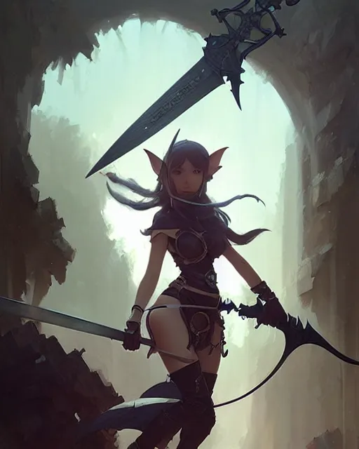 Image similar to fantasy cute elf, whitesmith, huge weapon, mechanical parts, digital painting by krenz cushart, ilya kuvshinov, greg rutkowski, karl spitzweg, intricate background