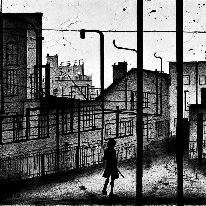 Image similar to [ sadie sink in dirty workmen clothes walks ] next to [ newcastle terraced housing ]. background : factory, dirty, polluted. technique : black and white pencil and ink. by gabriel hardman, joe alves, chris bonura. cinematic atmosphere, detailed and intricate, perfect anatomy