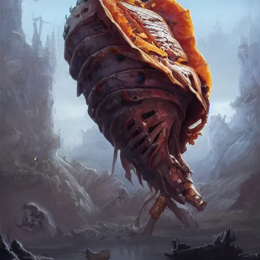 Image similar to Giant undead Taco, D&D, fantasy, portrait, highly detailed, digital painting, trending on artstation, concept art, sharp focus, illustration, art by artgerm and greg rutkowski and magali villeneuve