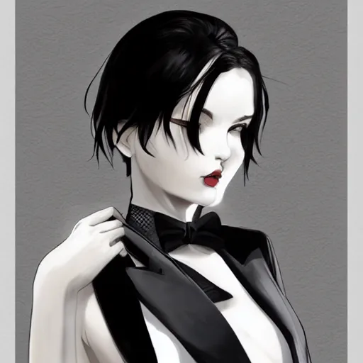 Image similar to slim beautiful killer girl in tuxedo with black wavy bob hair, elegant, 2d, ultra highly detailed, digital painting, smooth, sharp focus, artstation, black and white art by Tsutomu Nihei