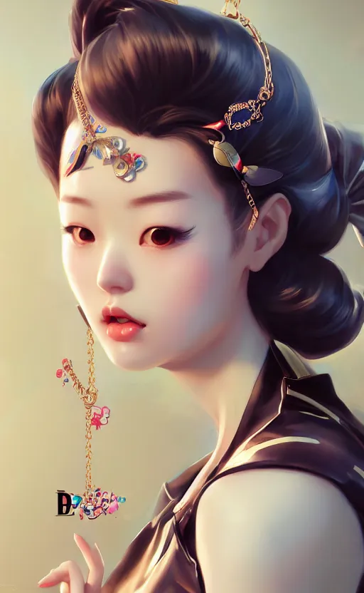 Image similar to a pin up and beautiful fashion charming dreamlke korea girl with lv jewelry, character art, art by artgerm lau and kyoung hwan kim and and ilya kuvshinov and john singer sargent, hyperdetailed, 8 k realistic, symmetrical, frostbite 3 engine, cryengine, dof, trending on artstation, digital art