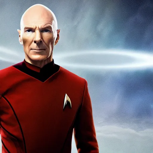 Prompt: movie film still of Benedict Cumberbatch as Captain Picard in a new Star Trek The Next Generation movie, cinematic