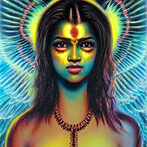 Image similar to Sri lankan girl as a winged angel covered in eyes with glowing halo, iridescent, seraphim, art by Jason Edmiston