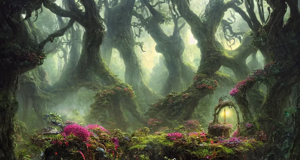 Prompt: a large alien shrine shrouded by mystic nebula magic in a field of flowers, ferdinand knab, breath - taking beautiful trees, streams, flowers, and mist, an aesthetically pleasing, dynamic, energetic, lively, complex, intricate, detailed, well - designed digital art of trees, streams, flowers, and mist, early morning, light and shadow
