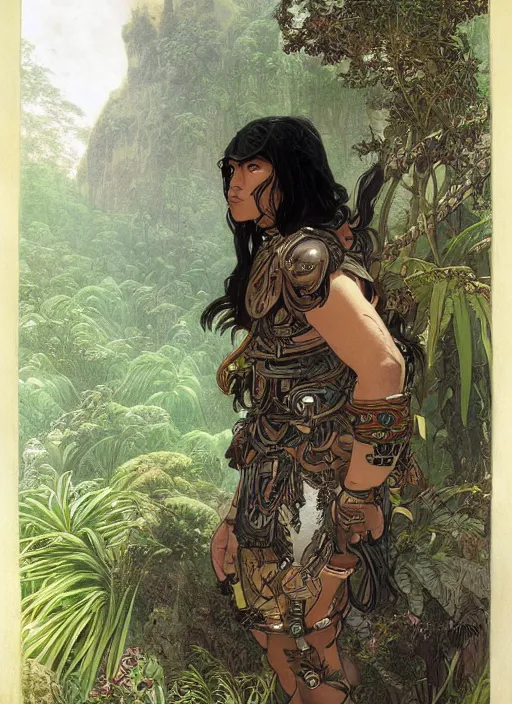 Prompt: portrait of a little epic cyborg warrior boy character with dark skin and beautiful symmetric face and long black hair and an armored tiger at his side in the middle of a lush jungle. diffuse night light, dramatic landscape, fantasy illustration, matte painting by mucha